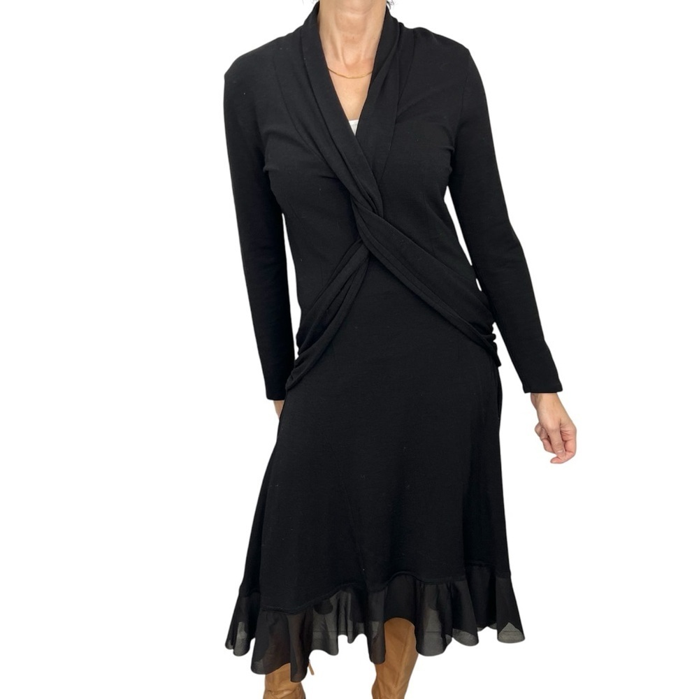 Vtg NWT Tristan & Iseut black wool blend stretchy ruffle hem midi dress XL